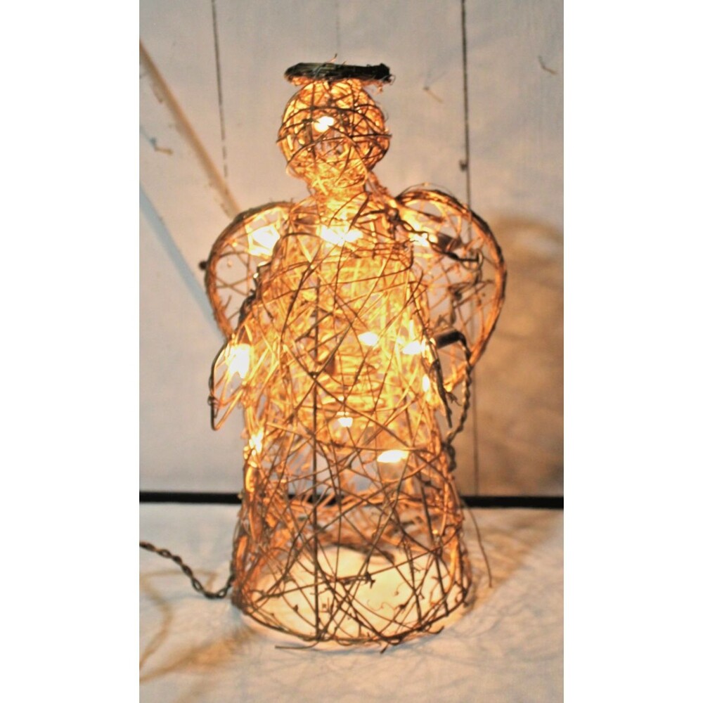 Vintage Wicker Lighted Tree Topper, 12" Rustic Country Angel, Woven Christmas.